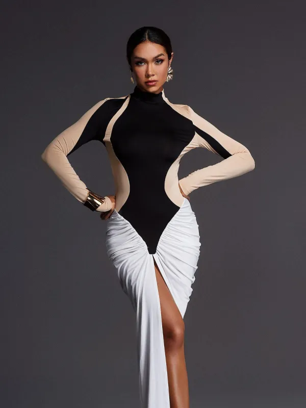 Emmly Long Sleeve Ruched Split Maxi Dress sold by Mew Mews