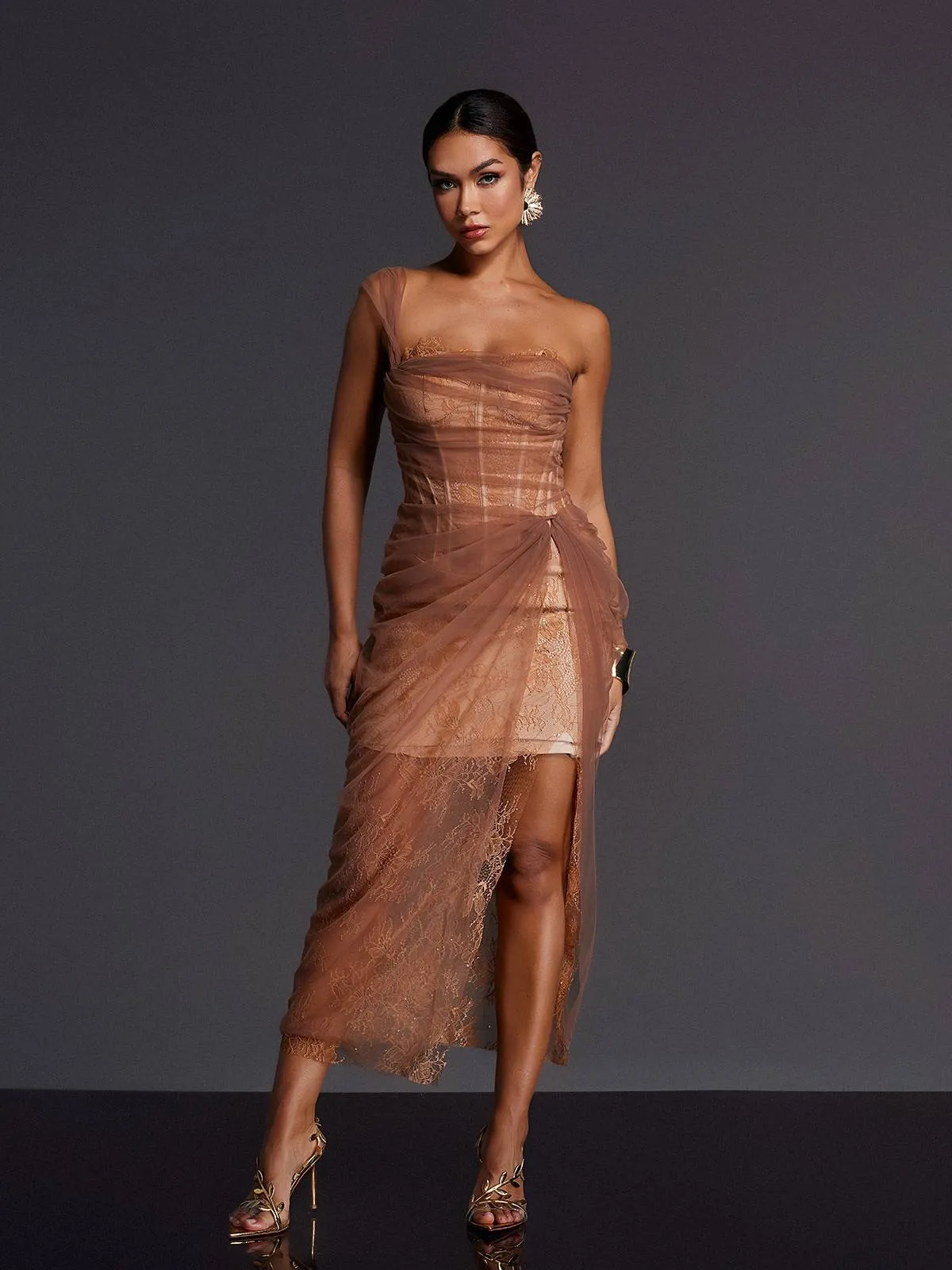 Adler One Shoulder Lace Mesh Midi Dress sold by Mew Mews product image thumbnail 3