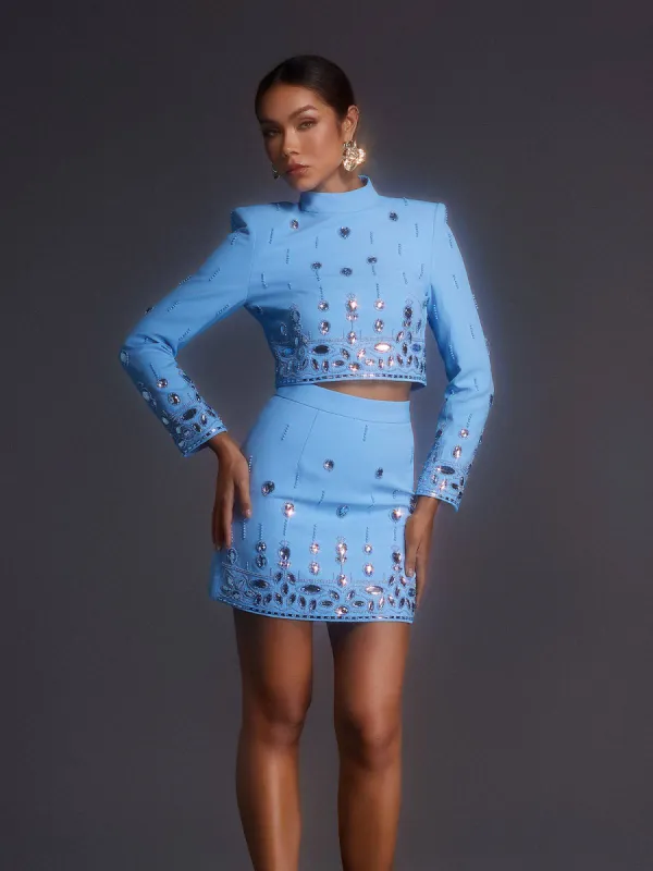Vallea Long Sleeve Rhinestone Skirt Set In Blue sold by Mew Mews