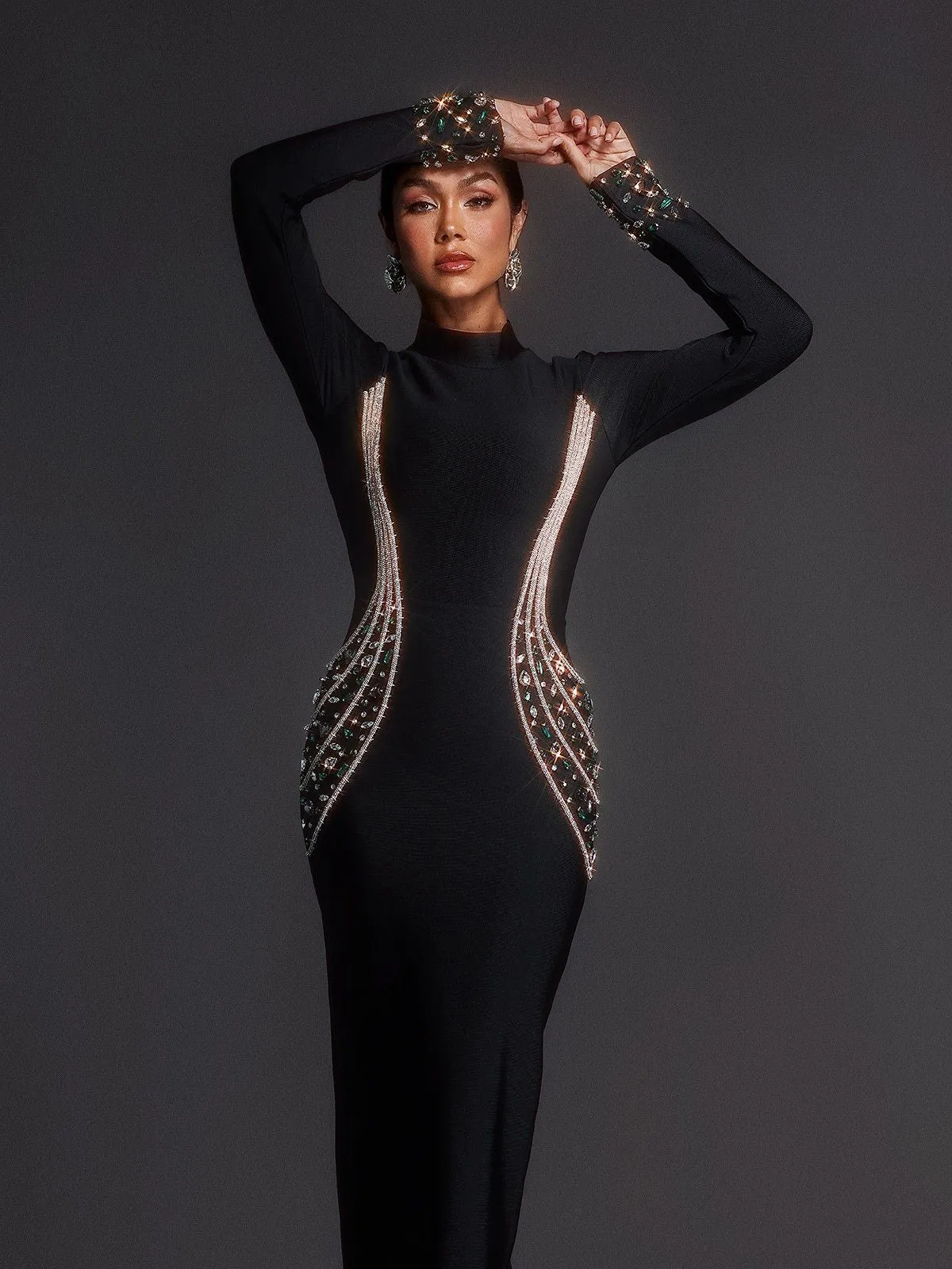 Adica Long Sleeve Rhinestone Bandage Maxi Dress sold by Mew Mews
