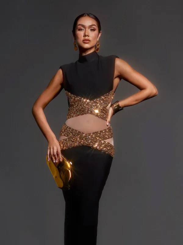 Adena High Neck Rhinestone Bandage Maxi Dress sold by Mew Mews