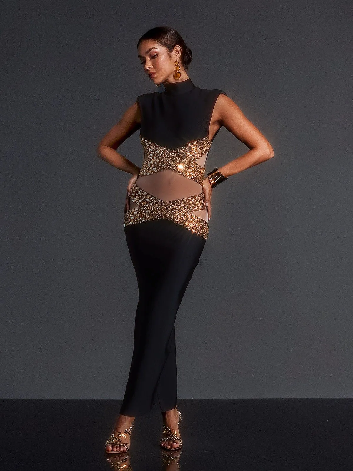 Adena High Neck Rhinestone Bandage Maxi Dress sold by Mew Mews product image thumbnail 3