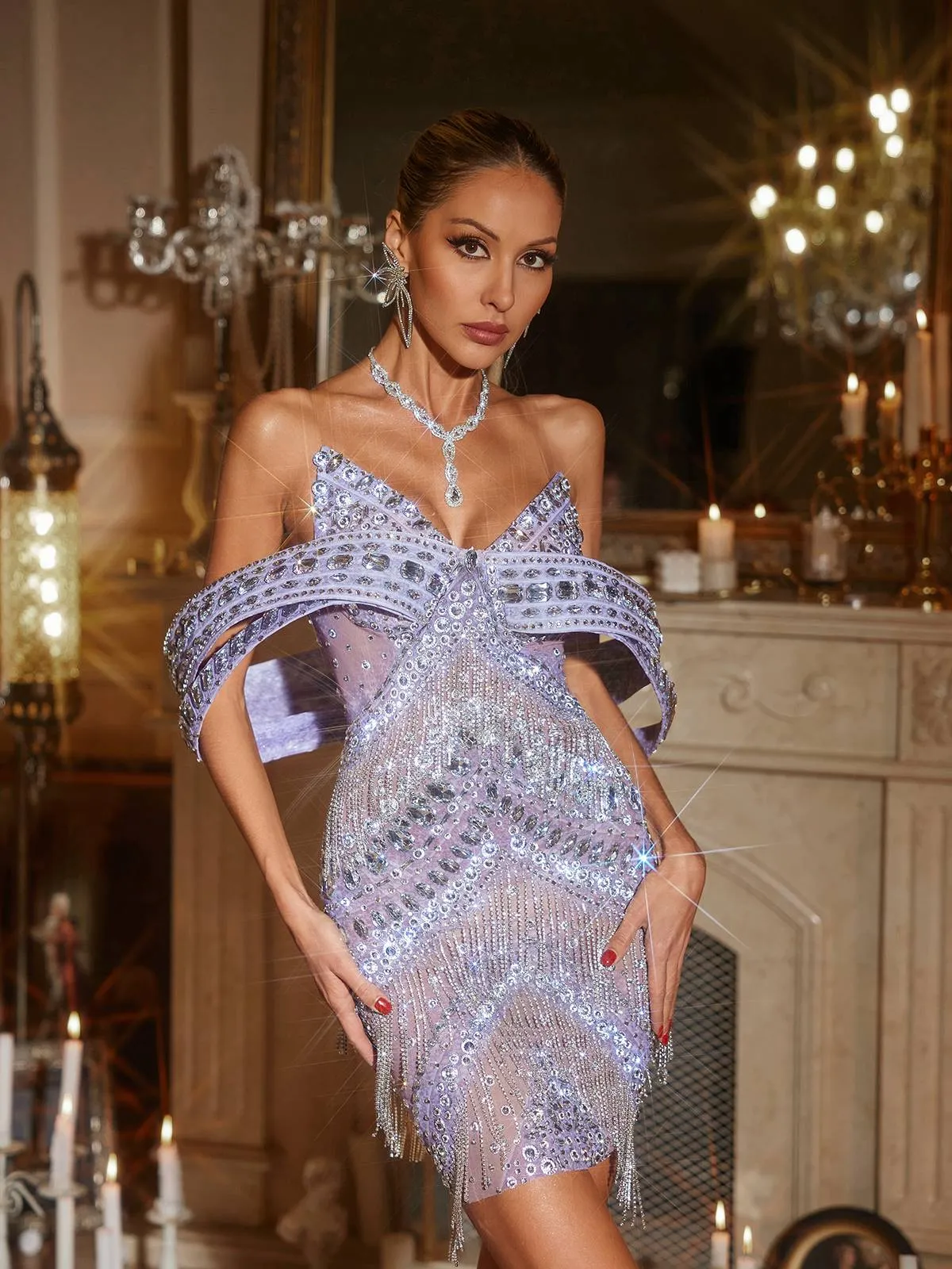 Jaimarie Off Shoulder Rhinestone Fringe Mini Dress In Purple sold by Mew Mews product image thumbnail 2