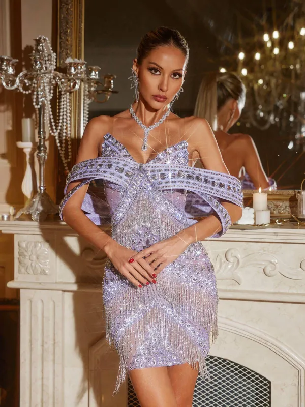 Jaimarie Off Shoulder Rhinestone Fringe Mini Dress In Purple sold by Mew Mews