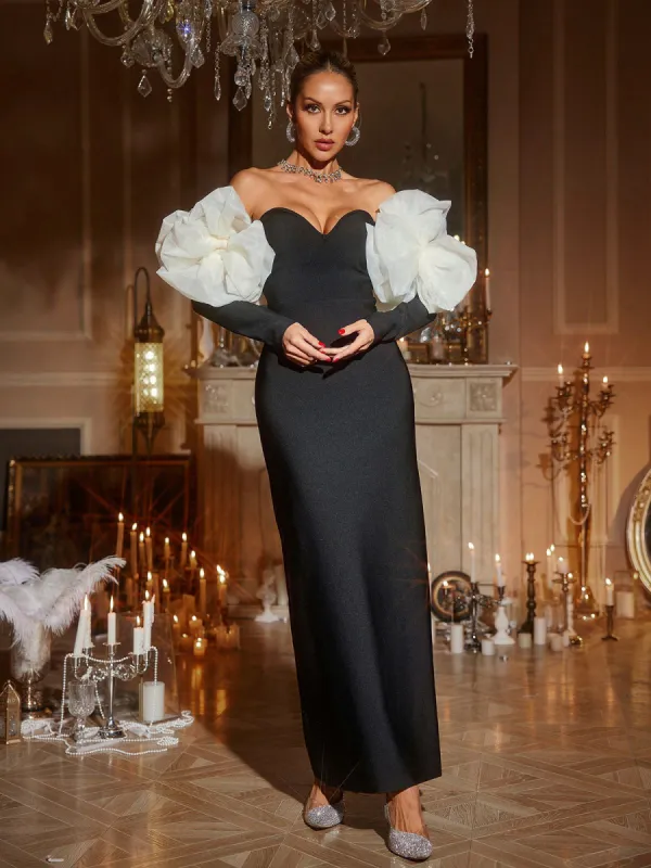 Ifra Off Shoulder Flower Bandage Maxi Dress In Black sold by Mew Mews