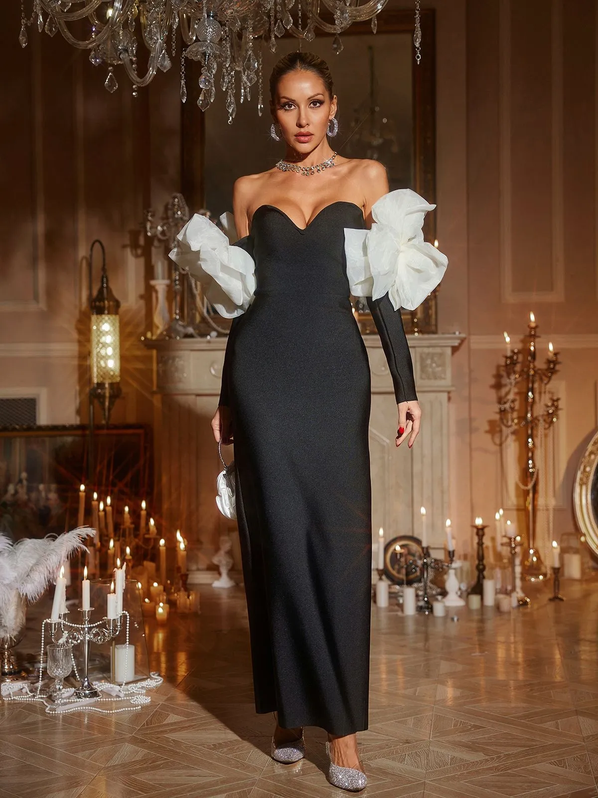 Ifra Off Shoulder Flower Bandage Maxi Dress In Black sold by Mew Mews product image thumbnail 3