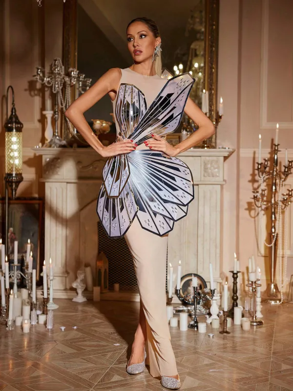 Jaidlynn Butterfly Embellished Maxi Dress In Silver made by Mew Mews