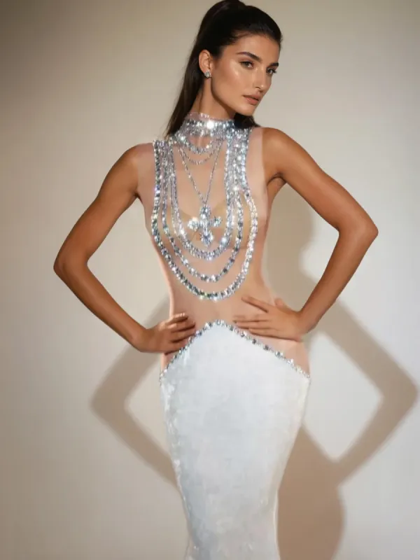 Shelyn Rhinestone Velvet Mermaid Maxi Dress In White sold by Mew Mews