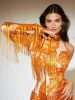 Shatora One Shoulder Rhinestone Fringe Bodysuit In Orange sold by Mew Mews