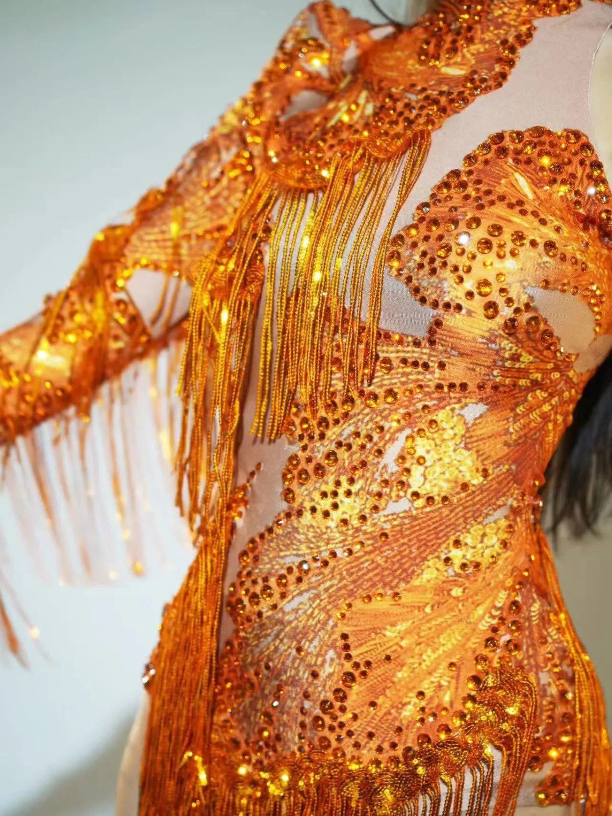 Shatora One Shoulder Rhinestone Fringe Bodysuit In Orange sold by Mew Mews product image thumbnail 2