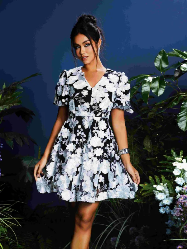 Camo V Neck Flower Embroidered Mini Dress In Black sold by Mew Mews