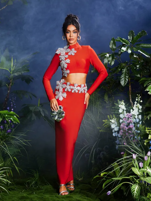 Almira Long Sleeve Flower Bandage Skirt Set In Red sold by Mew Mews