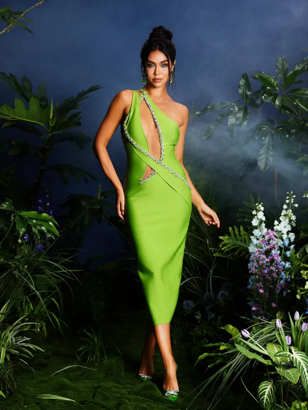 Laibah Leafy Rhinestone Cutout Bandage Midi Dress sold by Mew Mews