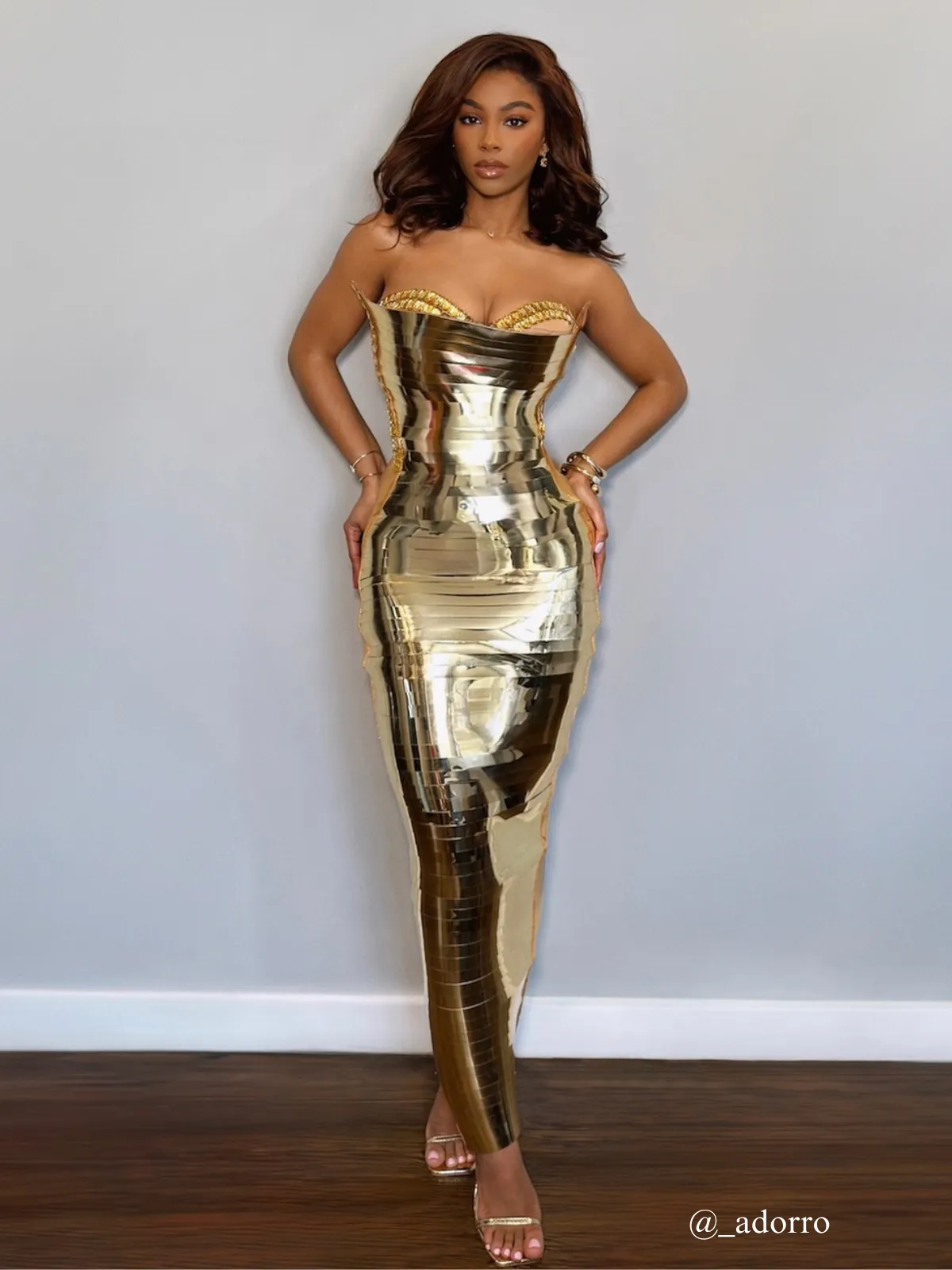 Eadward Strapless Metallic Midi Dress In Gold sold by Mew Mews