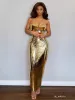 Eadward Strapless Metallic Midi Dress In Gold sold by Mew Mews
