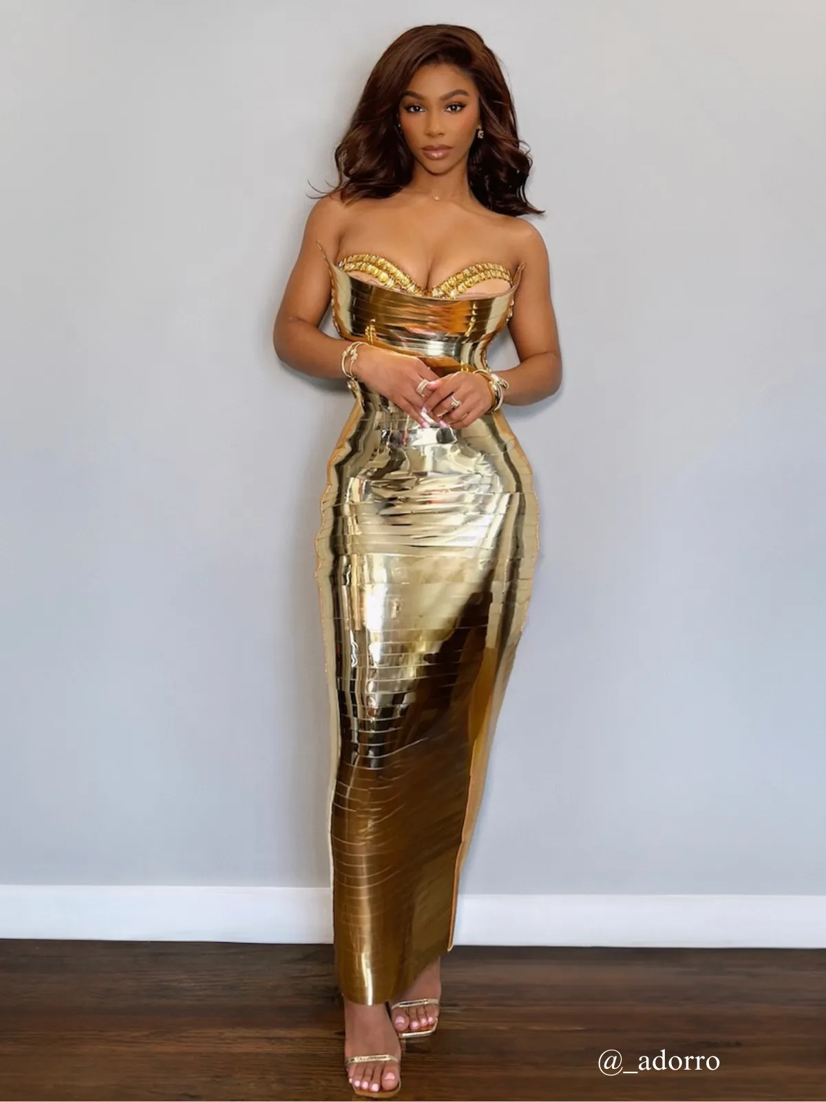 Eadward Strapless Metallic Midi Dress In Gold sold by Mew Mews product image thumbnail 2