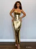 Eadward Strapless Metallic Midi Dress In Gold sold by Mew Mews