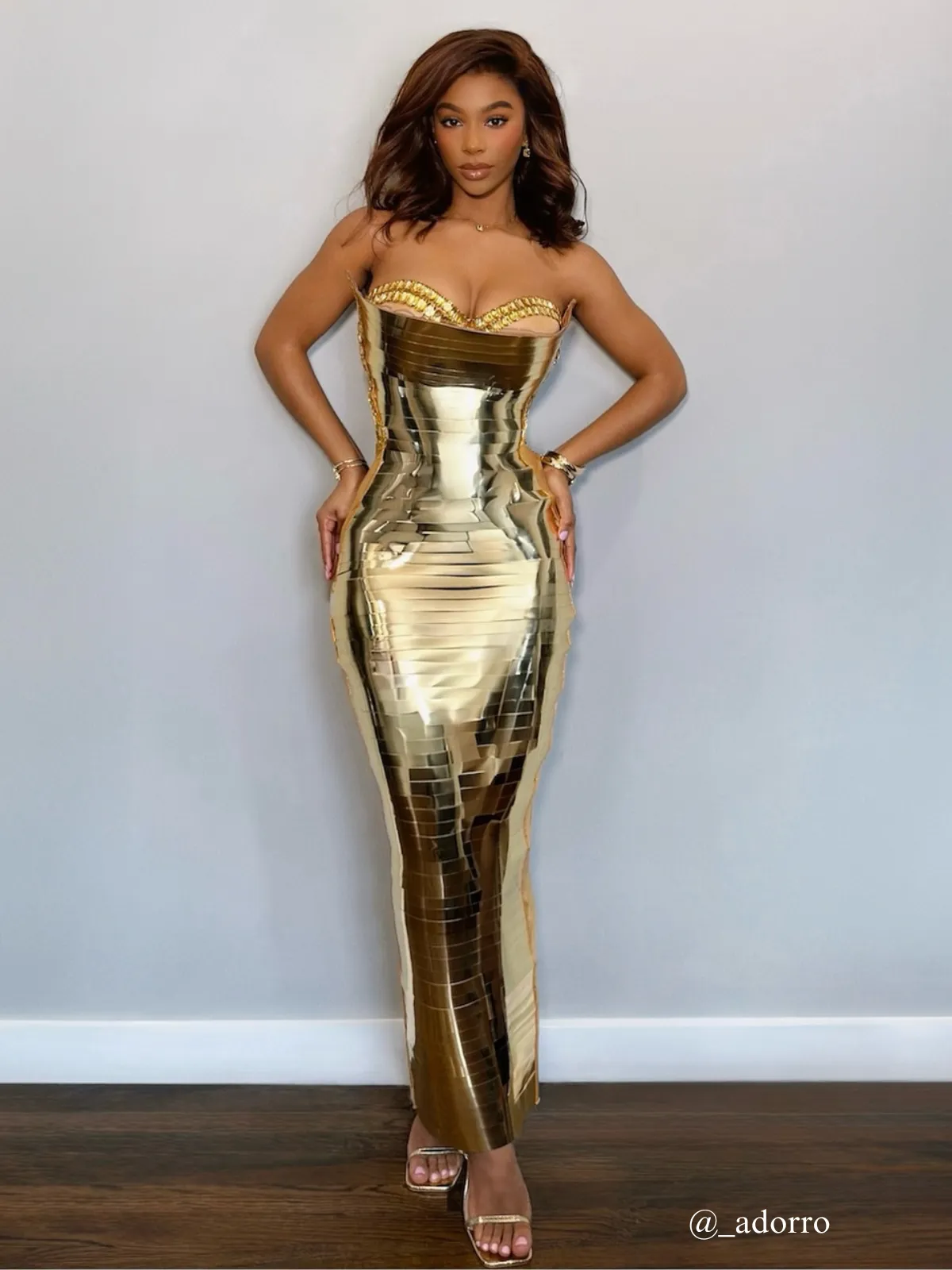Eadward Strapless Metallic Midi Dress In Gold sold by Mew Mews product image thumbnail 3
