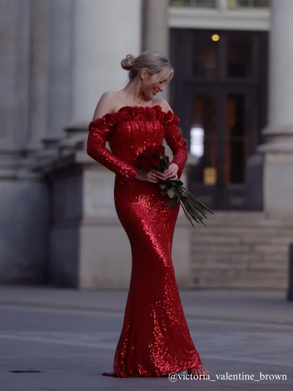 Catherynne Off Shoulder Flower Sequin Maxi Dress sold by Mew Mews