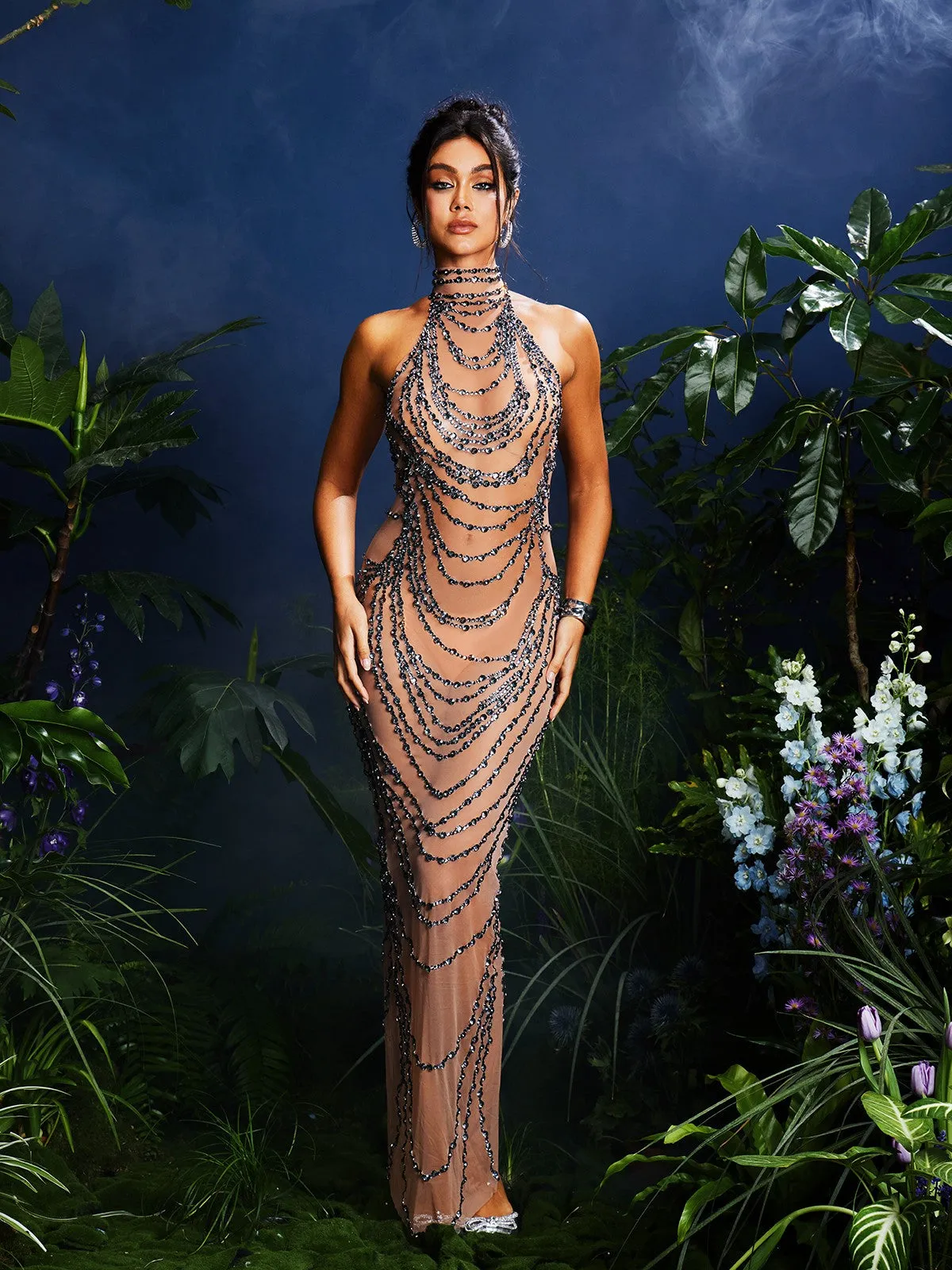 Olisa Halterneck Rhinestone Maxi Dress In Gold sold by Mew Mews product image thumbnail 3