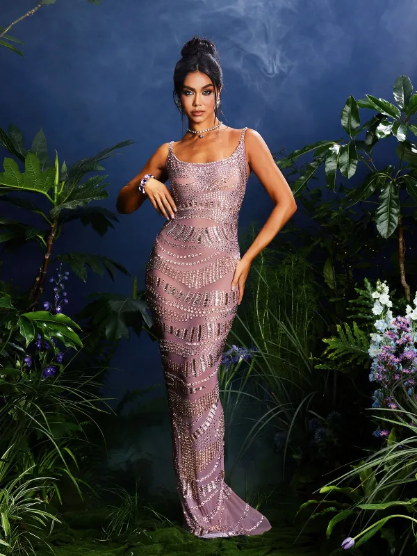 Jennlika Spaghetti Rhinestone Mesh Maxi Dress sold by Mew Mews