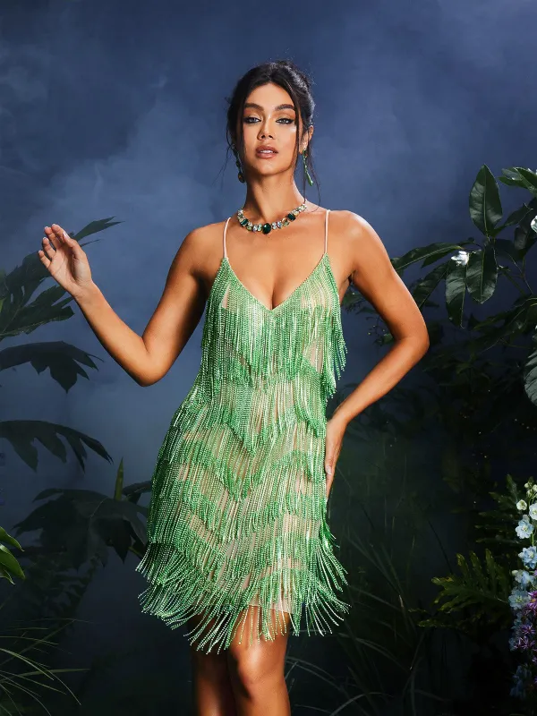 Fiadh Crystal Chain Fringe Mesh Mini Dress In Green sold by Mew Mews