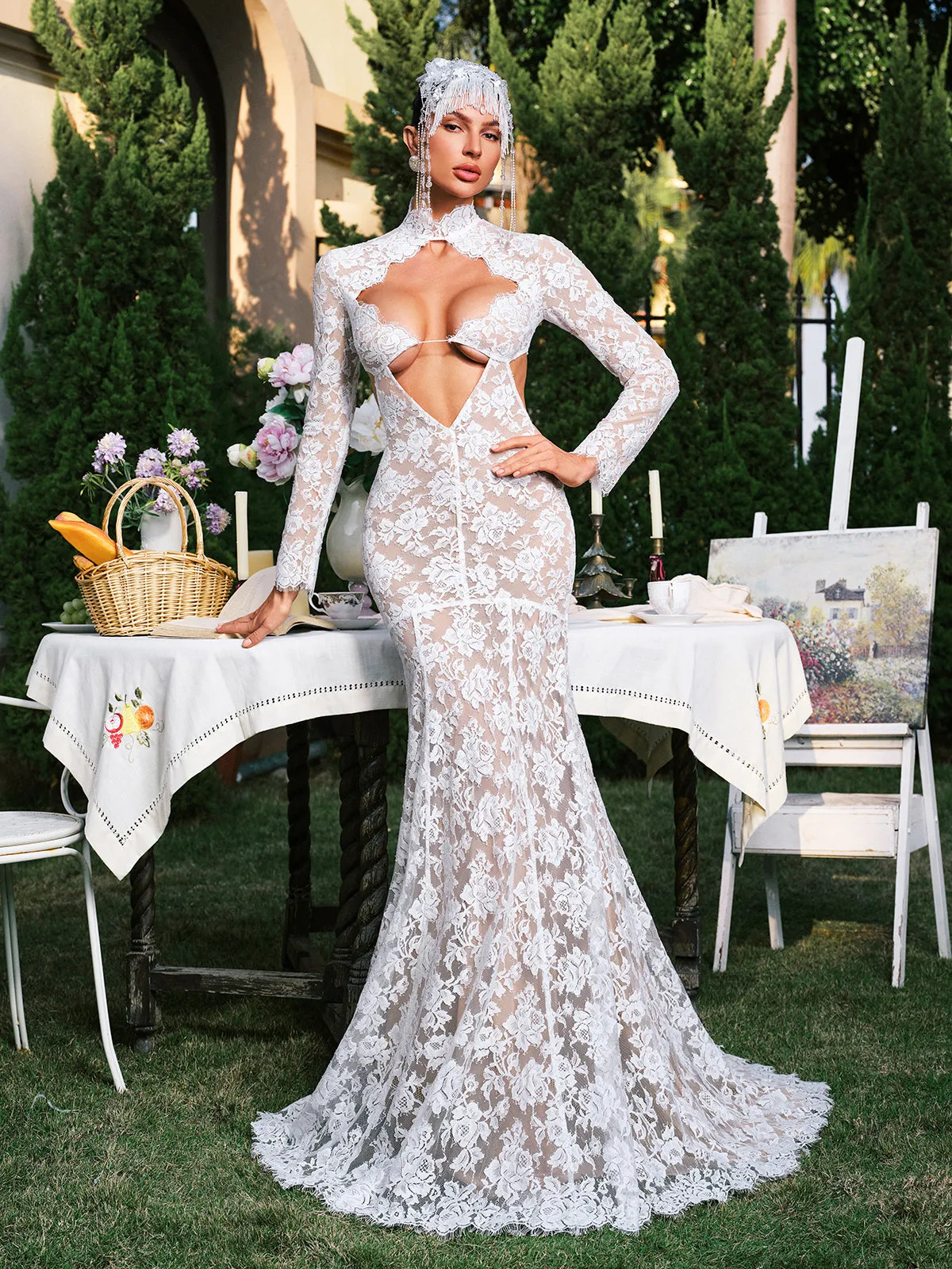 Edalene Long Slevee Flower Cutout Lace Maxi Dress sold by Mew Mews