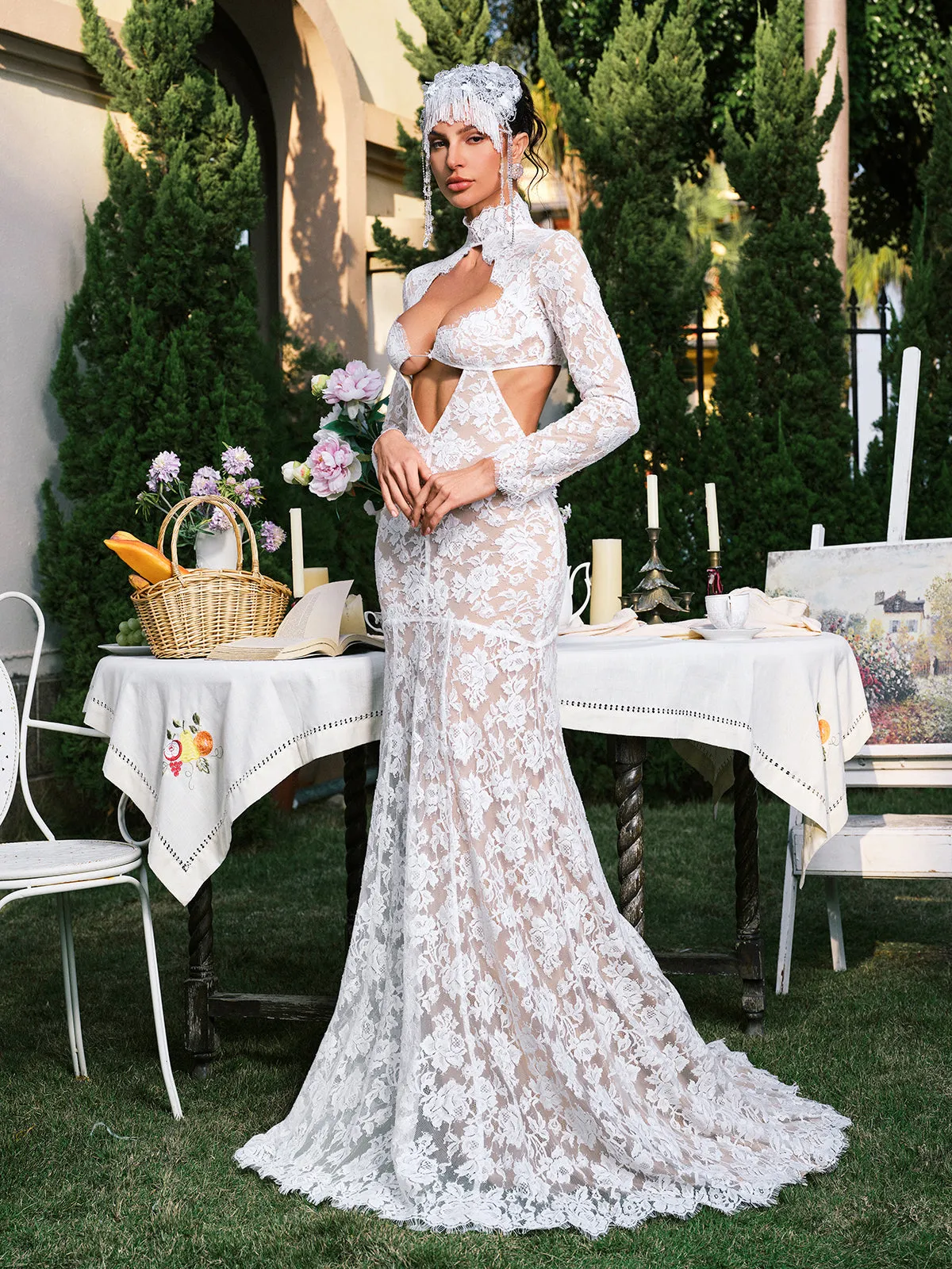 Edalene Long Slevee Flower Cutout Lace Maxi Dress sold by Mew Mews product image thumbnail 4