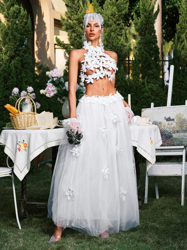 Edimeia High Neck Flower Mesh Skirt Set sold by Mew Mews