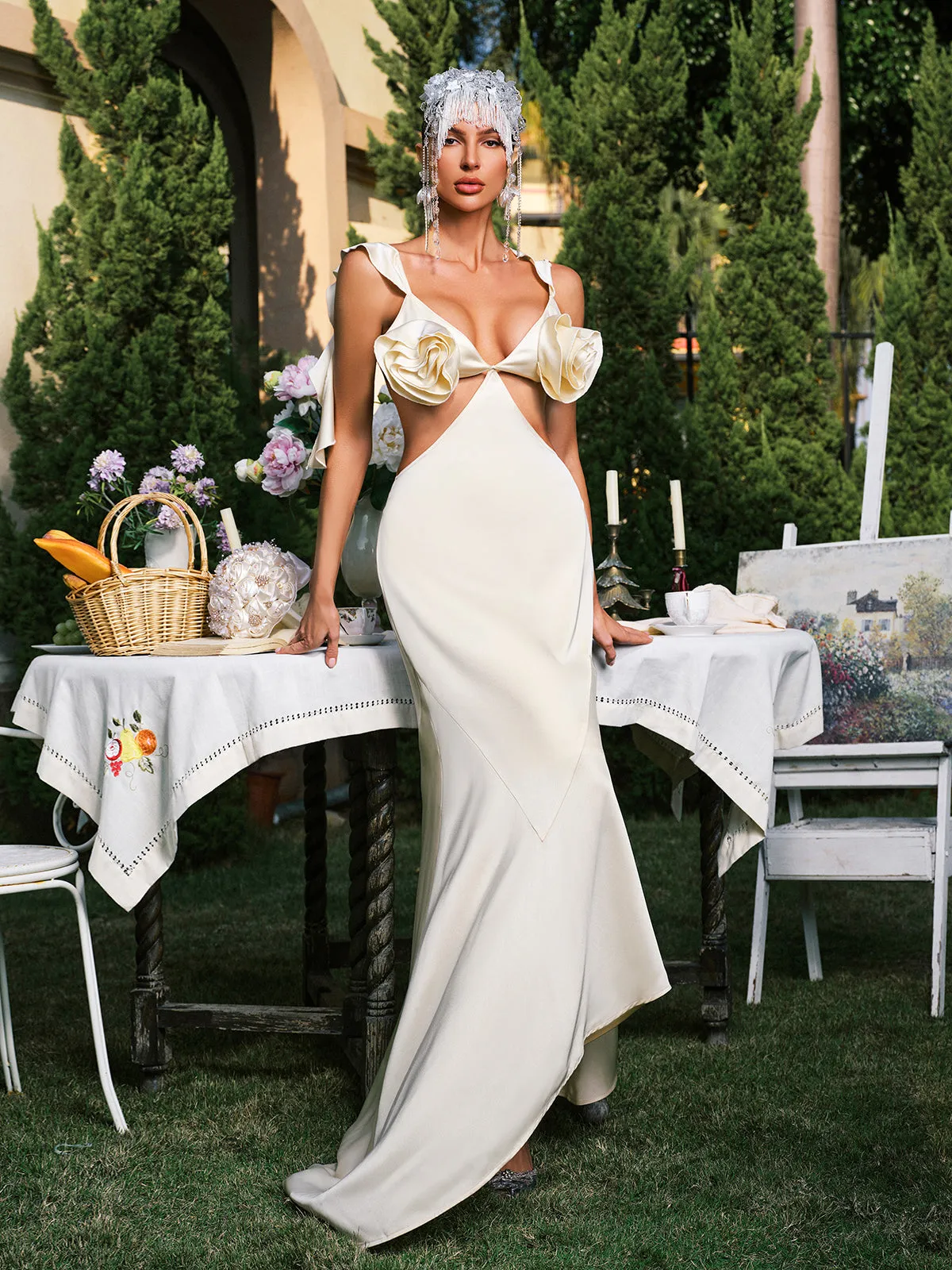 Dagr Backless Flower Cutout Satin Maxi Dress sold by Mew Mews