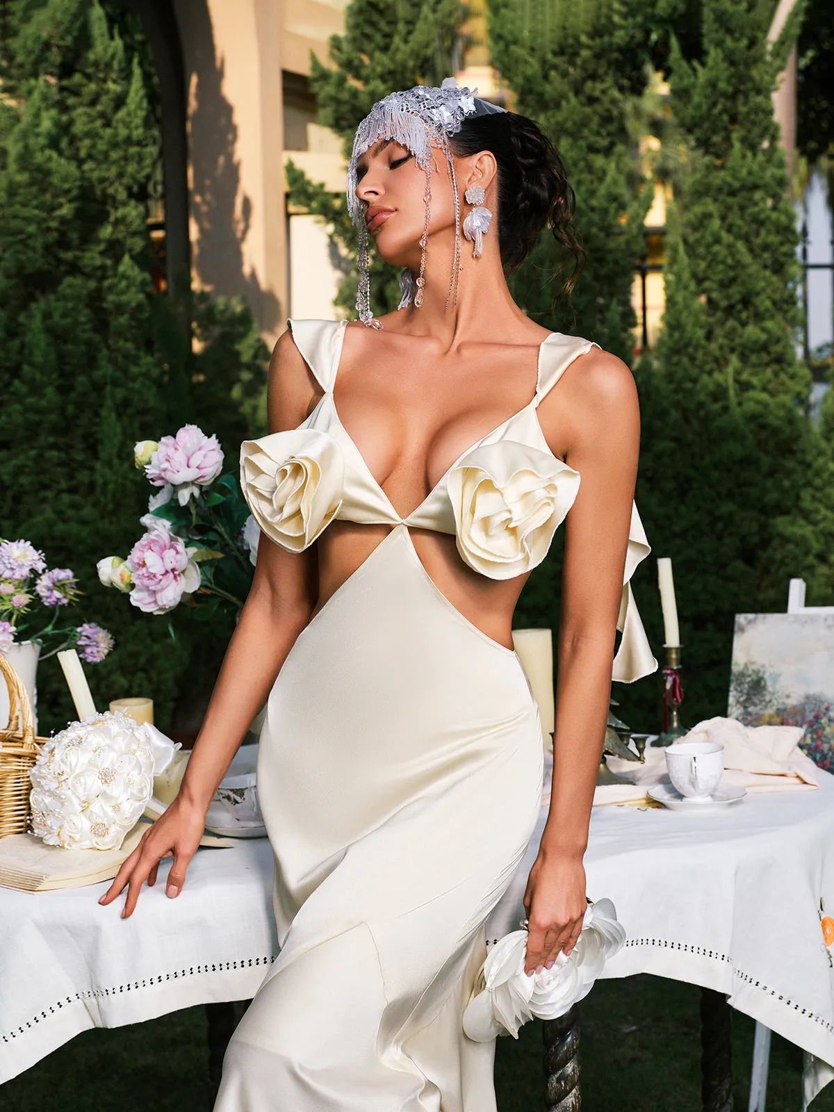 Dagr Backless Flower Cutout Satin Maxi Dress sold by Mew Mews product image thumbnail 3