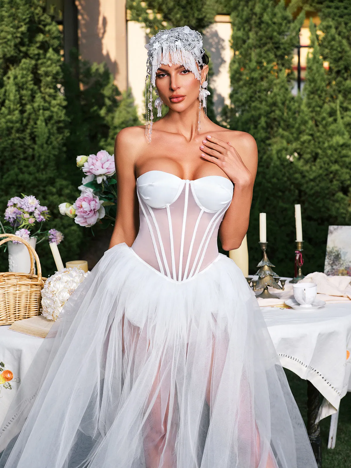 Eddard Strapless Corset Mesh Maxi Dress sold by Mew Mews product image thumbnail 5