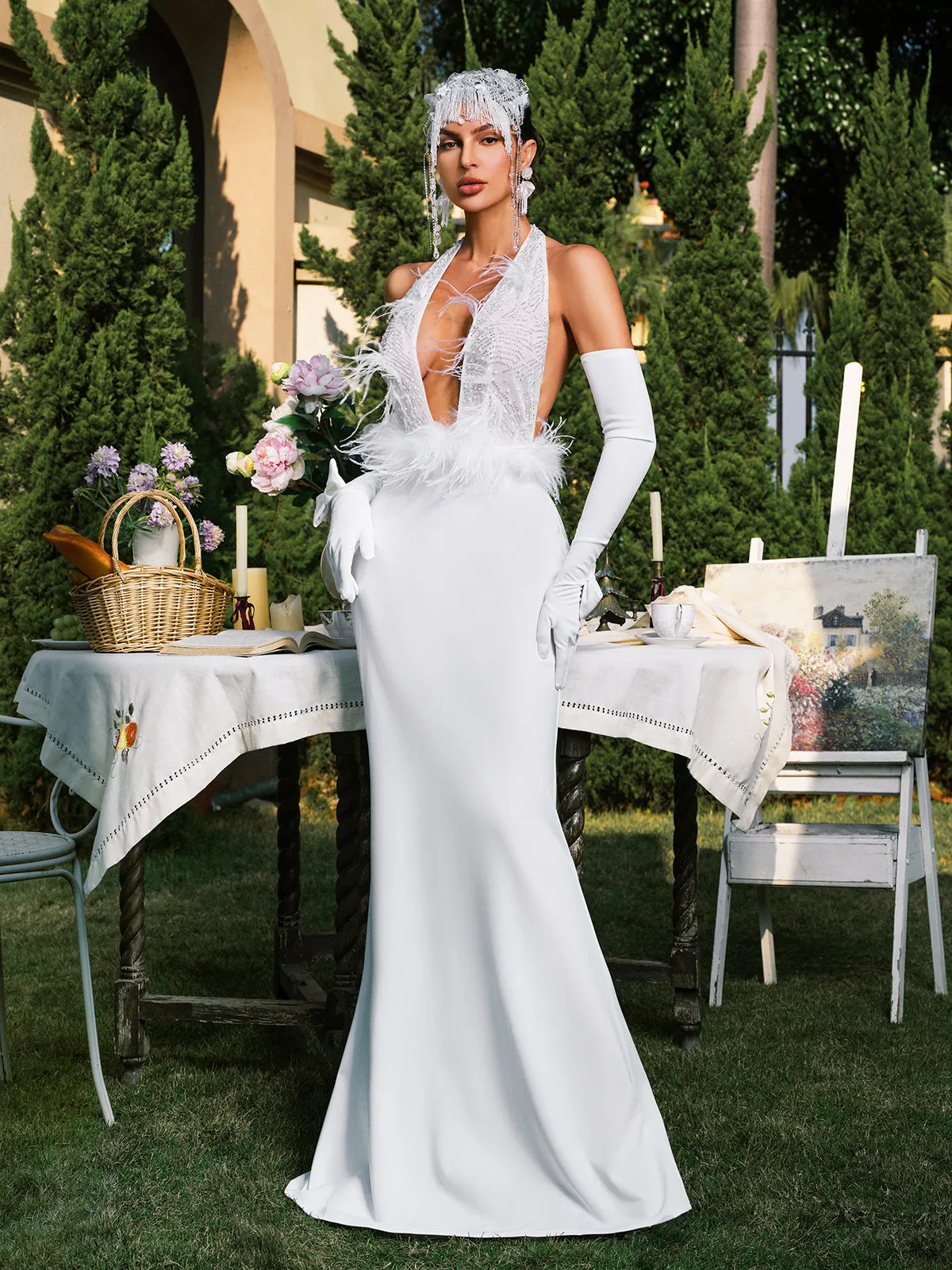 Daru Halterneck Feather Maxi Dress With Gloves sold by Mew Mews