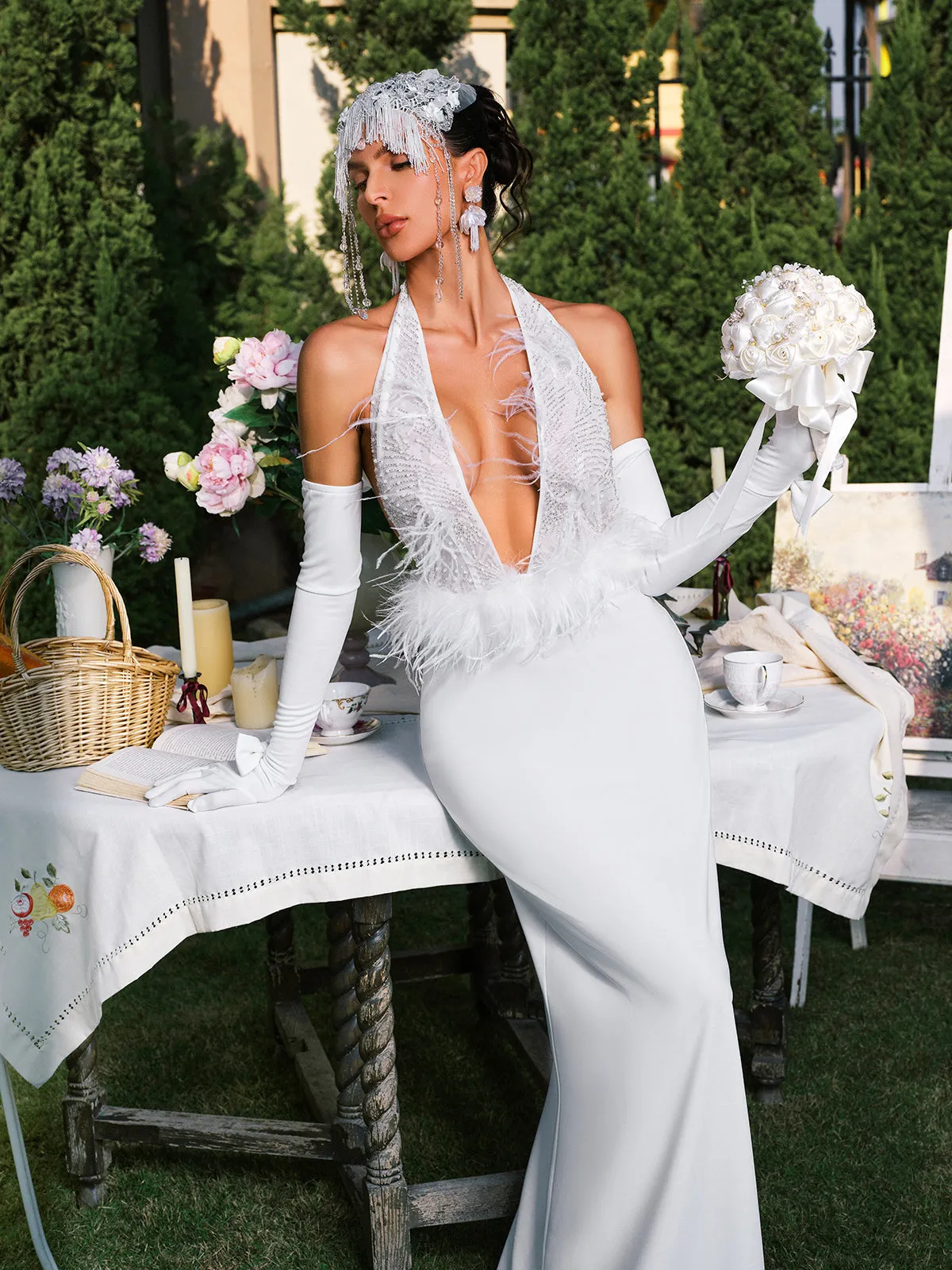 Daru Halterneck Feather Maxi Dress With Gloves sold by Mew Mews product image thumbnail 2