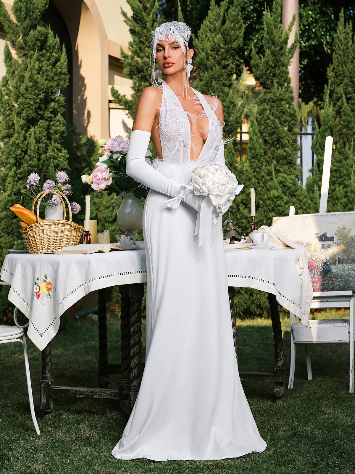 Daru Halterneck Feather Maxi Dress With Gloves sold by Mew Mews product image thumbnail 5