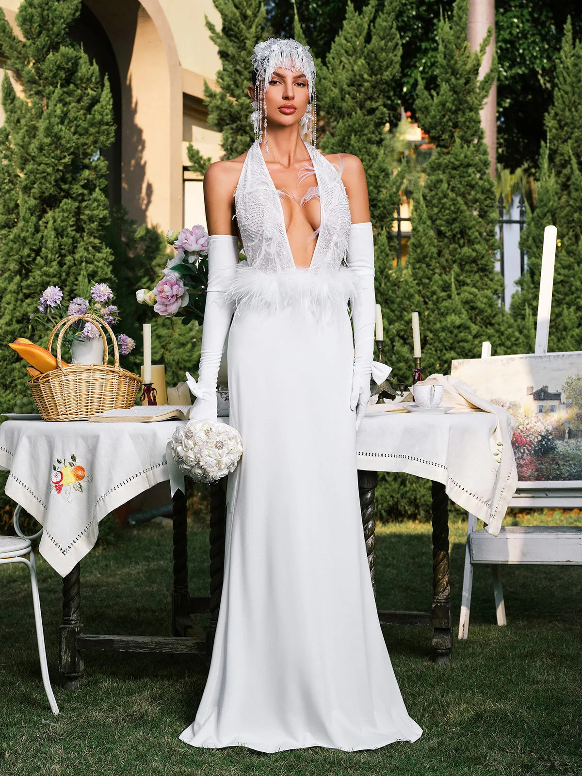 Daru Halterneck Feather Maxi Dress With Gloves sold by Mew Mews product image thumbnail 4