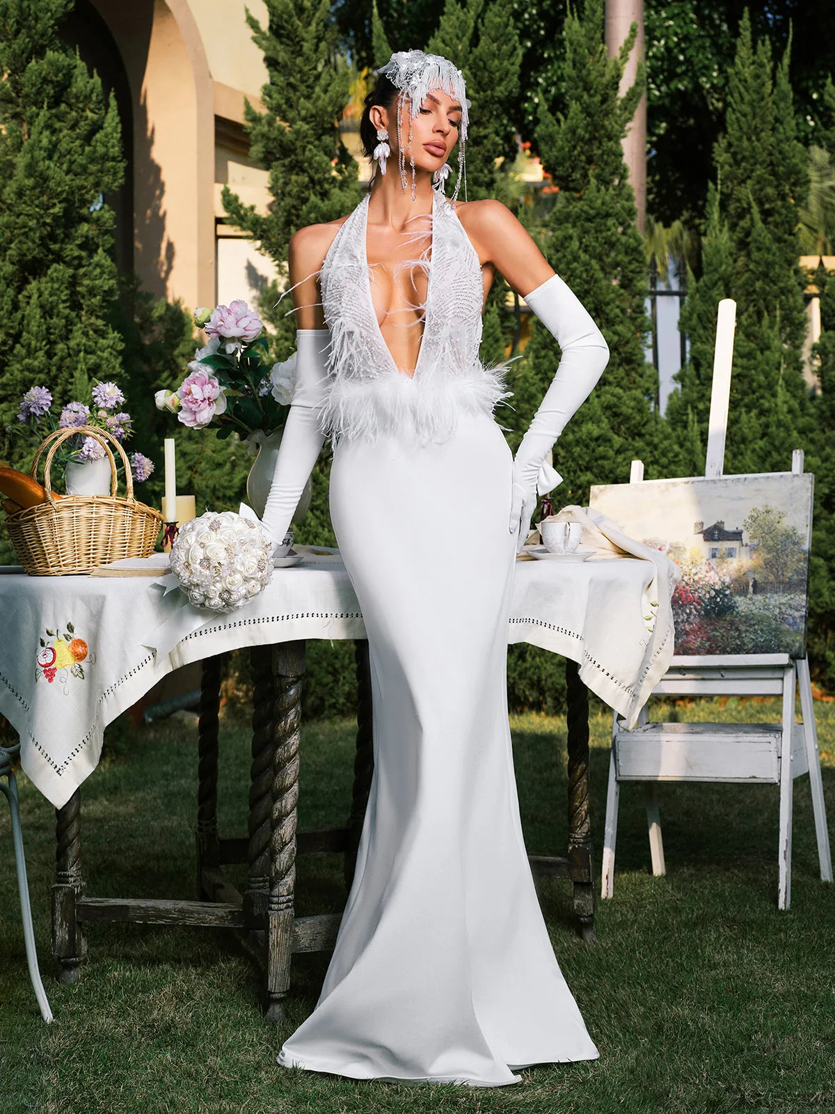 Daru Halterneck Feather Maxi Dress With Gloves sold by Mew Mews product image thumbnail 3