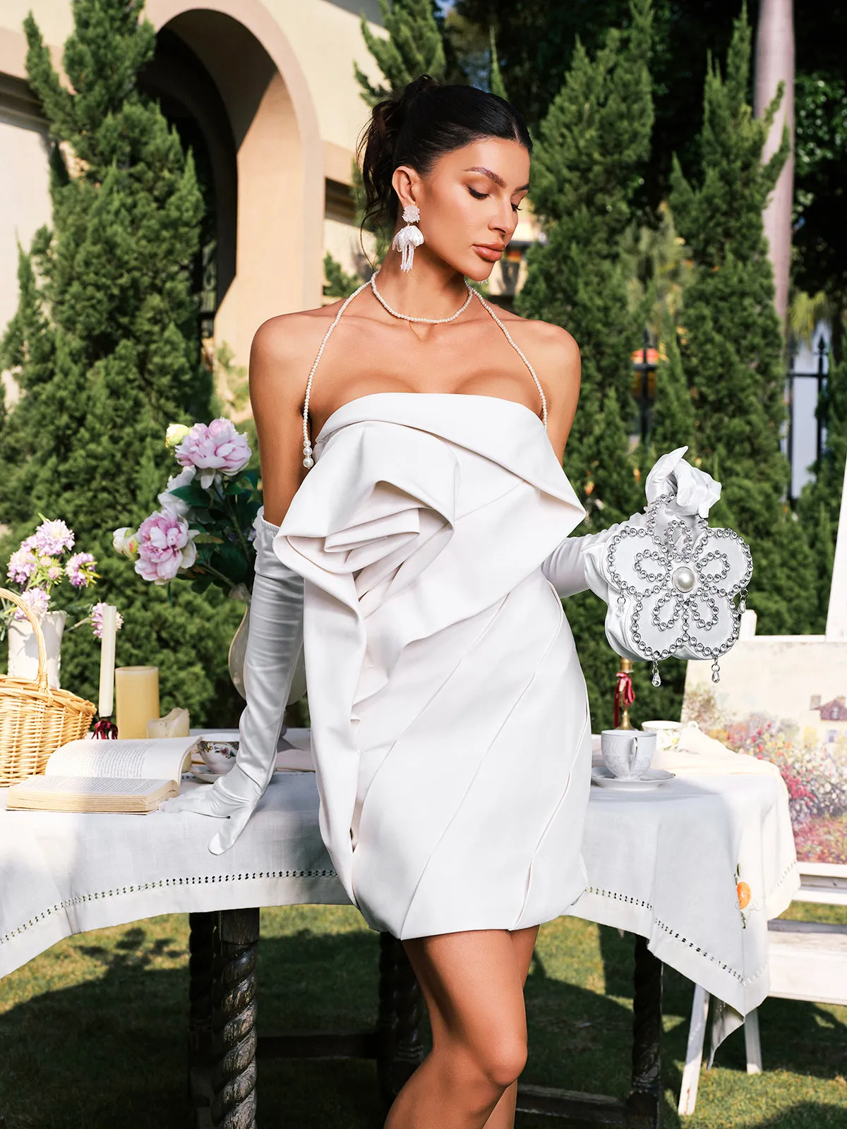 Darlita Strapless Flower Ruched Mini Dress sold by Mew Mews product image thumbnail 4