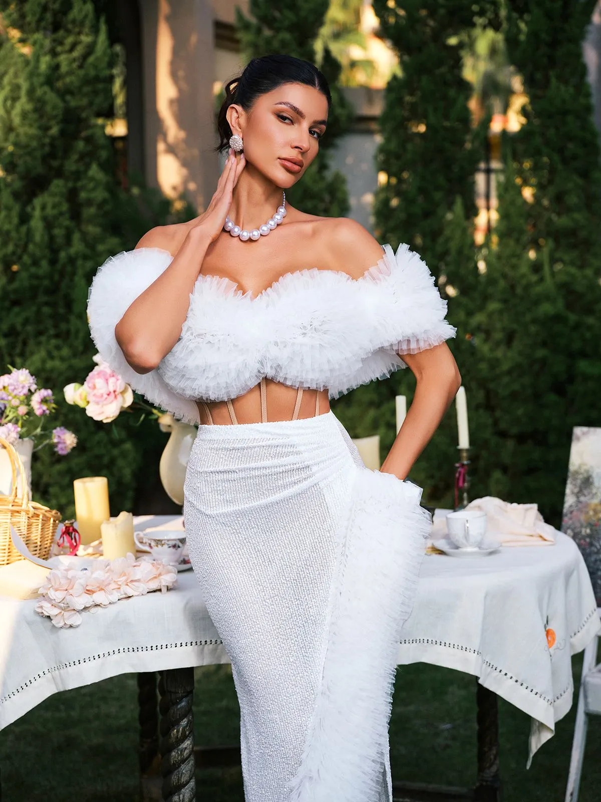 Jalynne Corset Tulle Trimmed Sequin Skirt Set In White sold by Mew Mews product image thumbnail 2