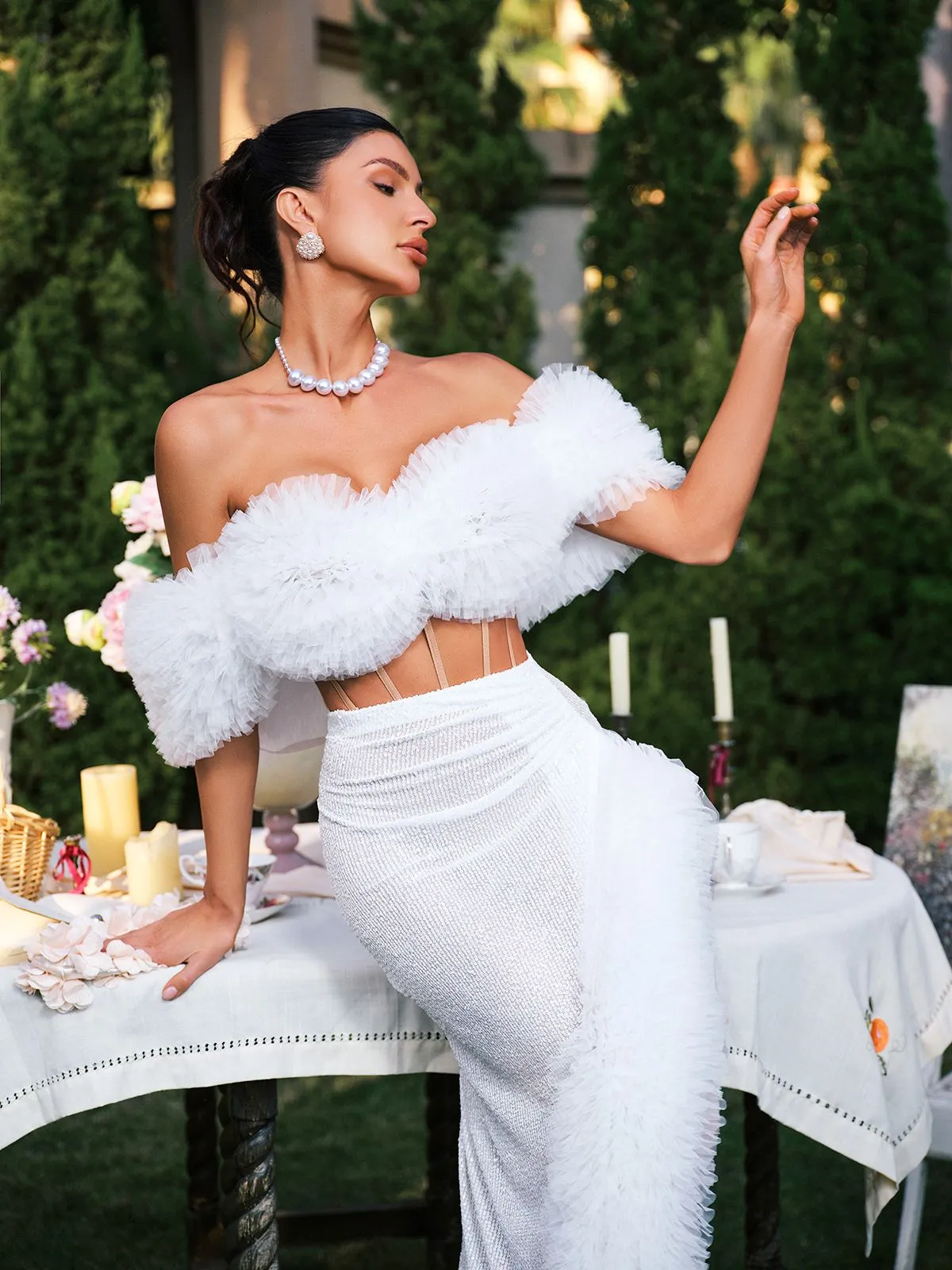 Jalynne Corset Tulle Trimmed Sequin Skirt Set In White sold by Mew Mews product image thumbnail 3