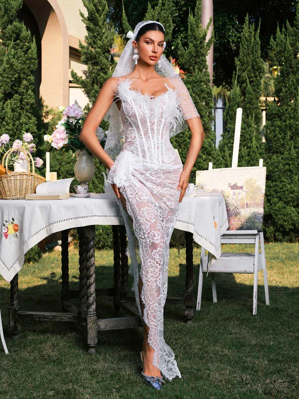 Eorma Strapless Corset Split Lace Maxi Dress sold by Mew Mews