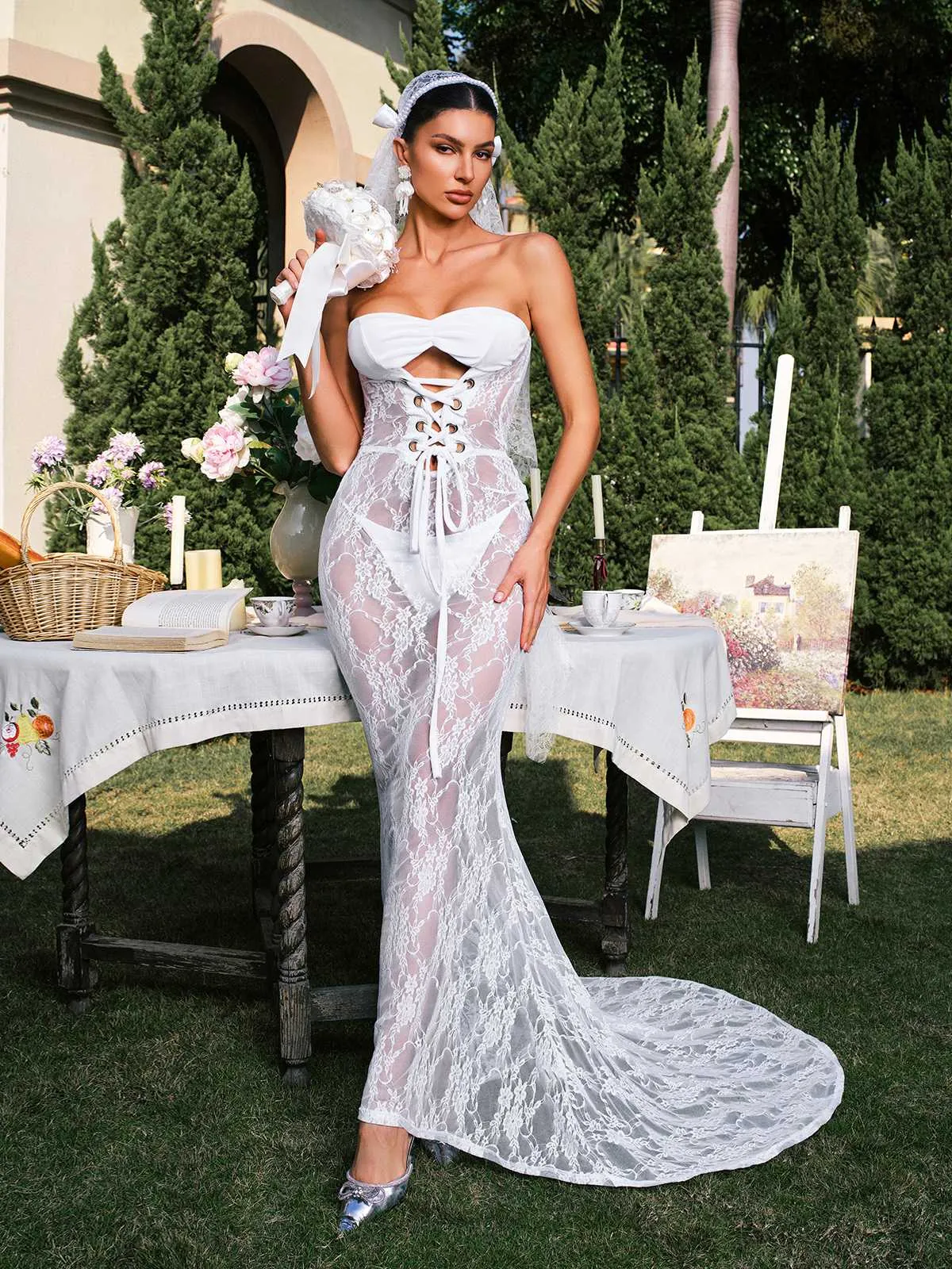 Eorlson Strapless Lace Up Lace Maxi Dress sold by Mew Mews product image thumbnail 2