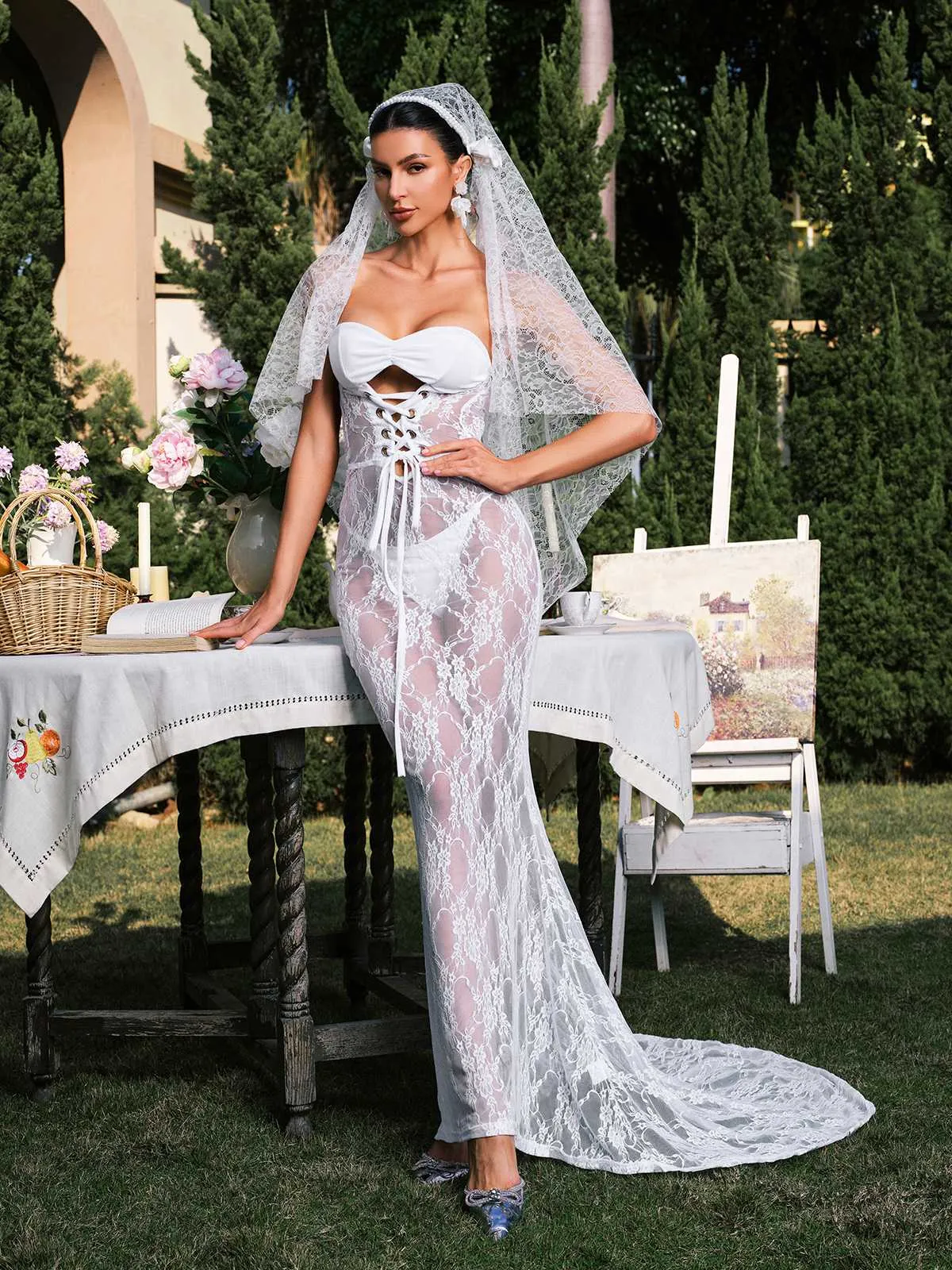 Eorlson Strapless Lace Up Lace Maxi Dress sold by Mew Mews