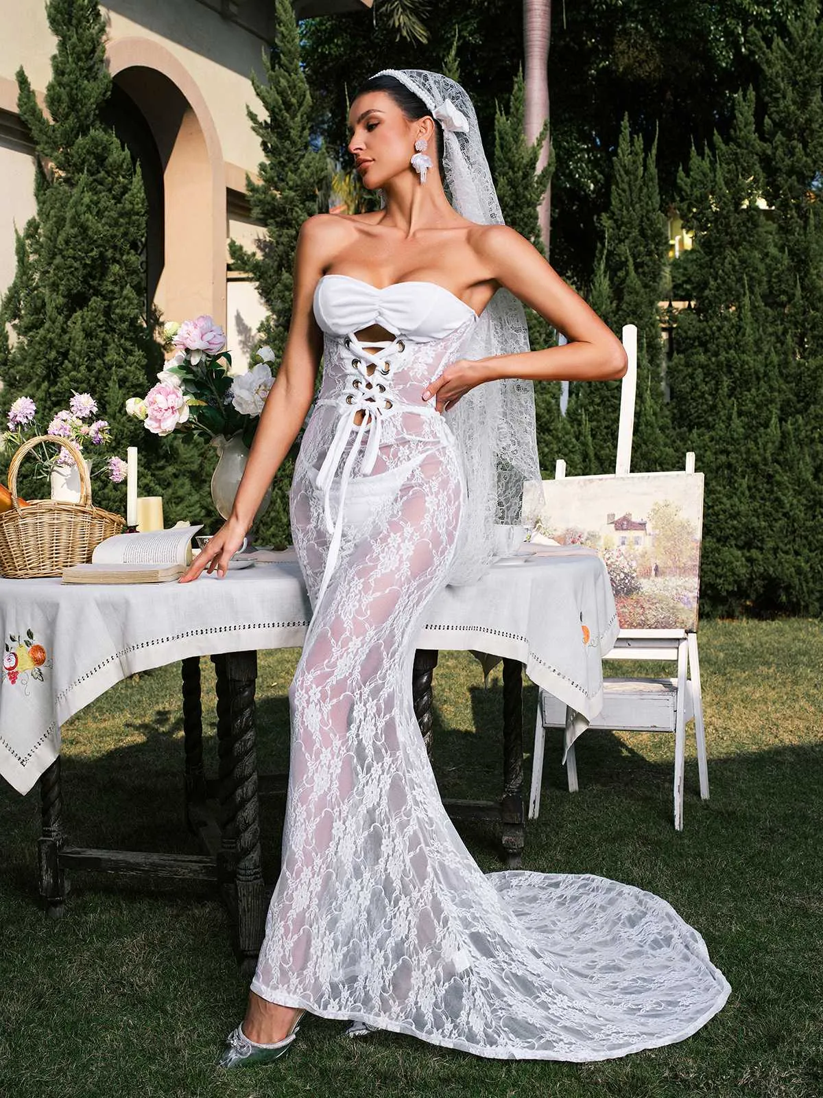 Eorlson Strapless Lace Up Lace Maxi Dress sold by Mew Mews product image thumbnail 3