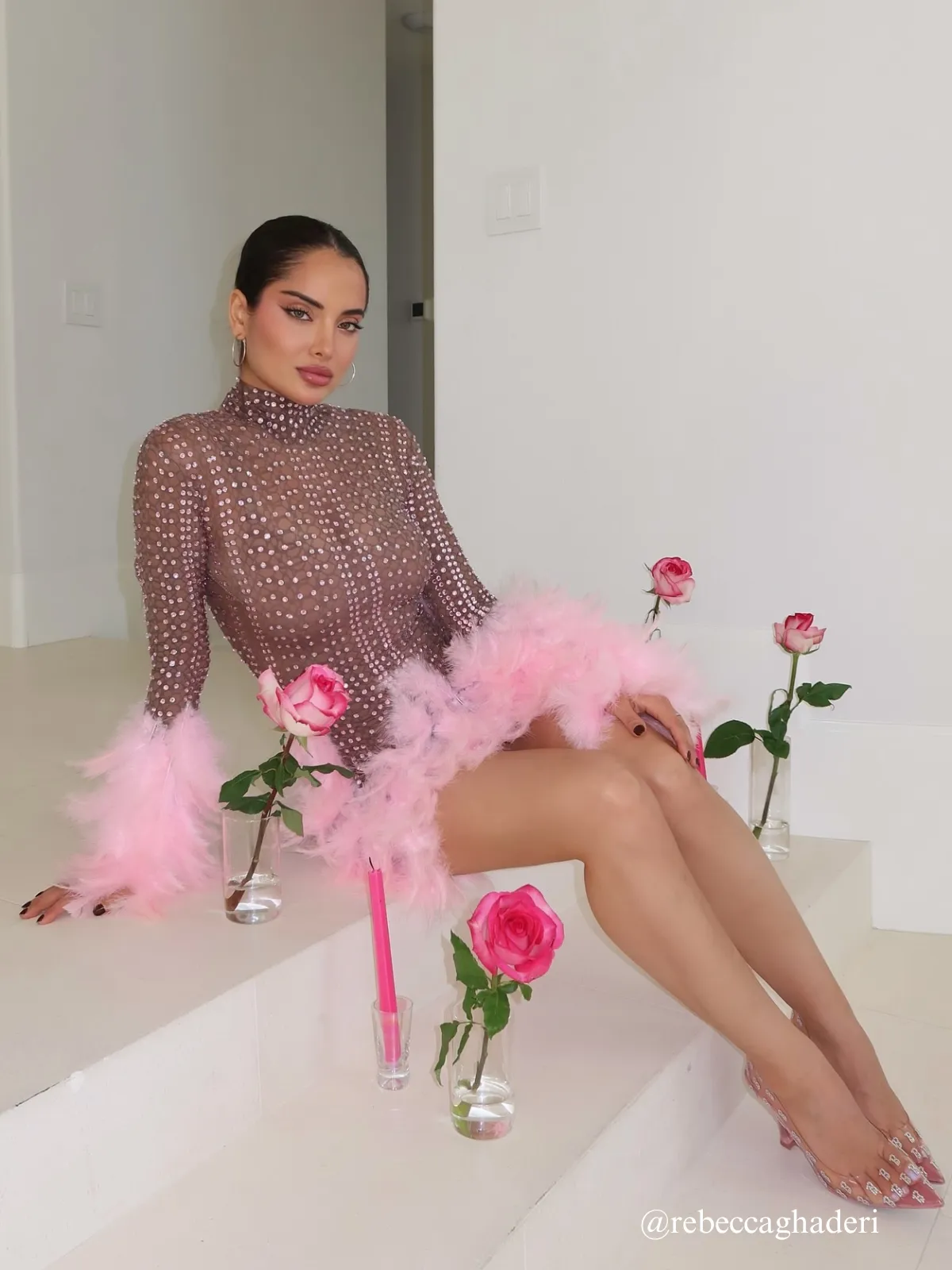 Braylene Rhinestone Feather Trimmed Mini Dress sold by Mew Mews