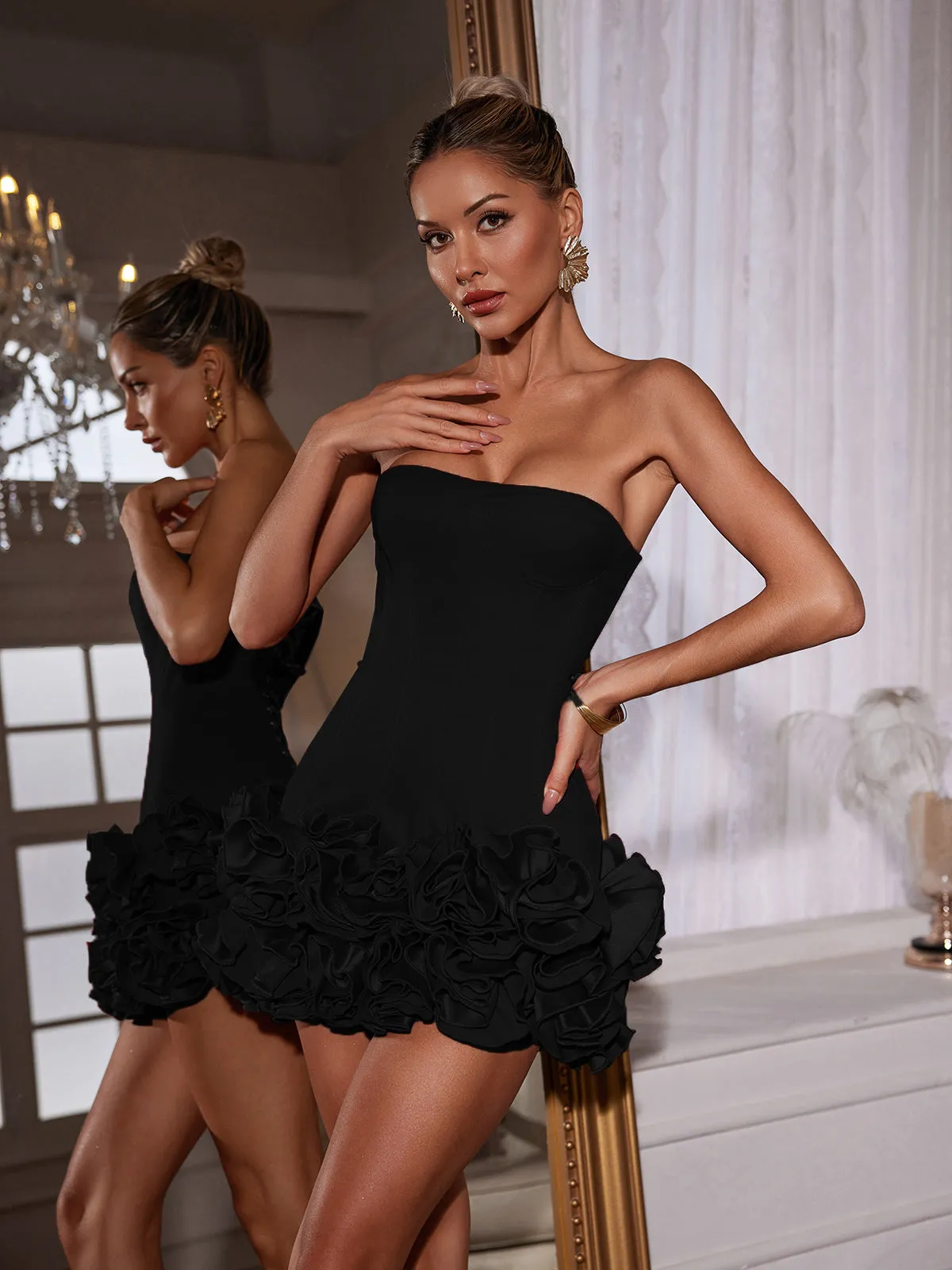 Birtin Strapless Flower Mini Dress In Black sold by Mew Mews product image thumbnail 4