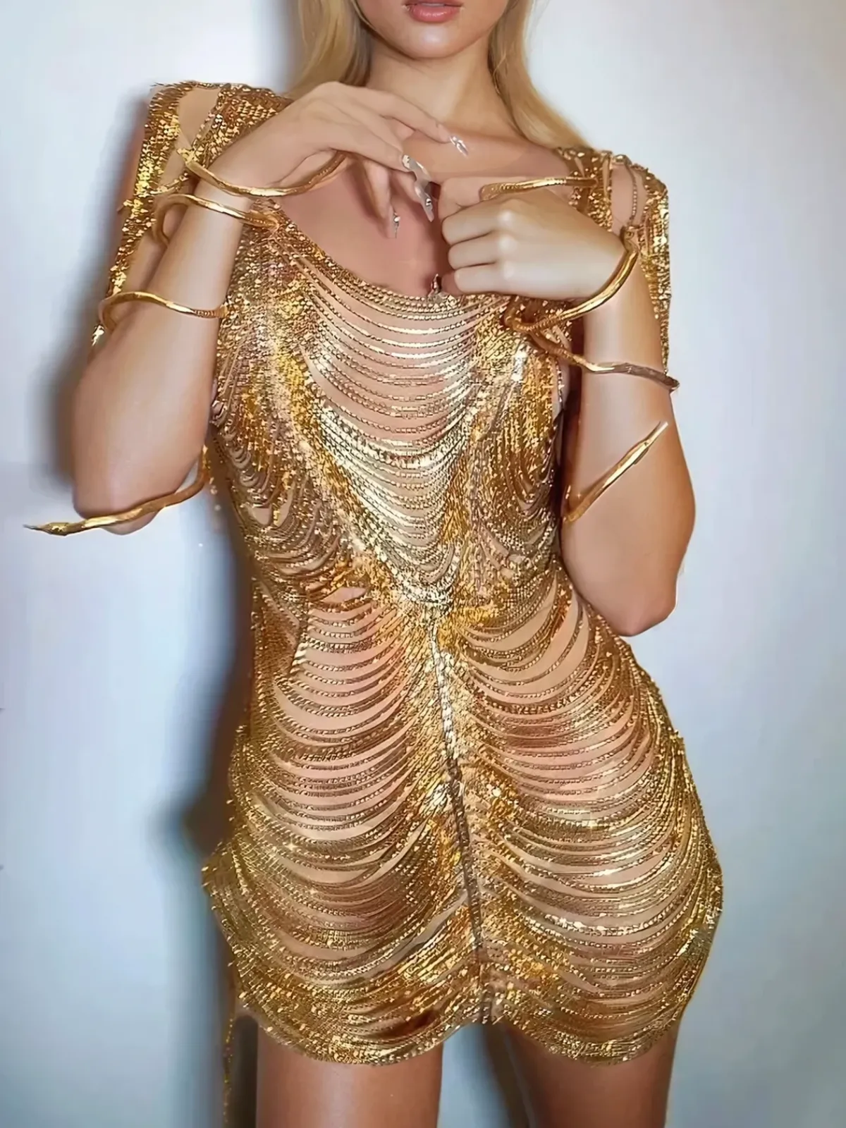 Janison Diamond Chain Mesh Mini Dress In Gold sold by Mew Mews product image thumbnail 2