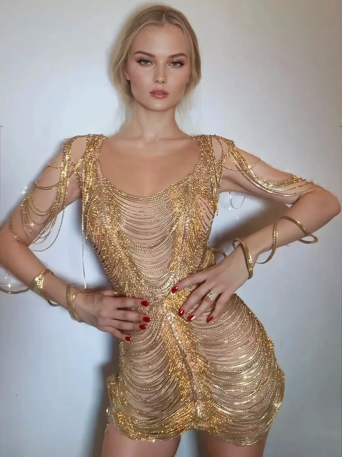Janison Diamond Chain Mesh Mini Dress In Gold sold by Mew Mews product image thumbnail 4