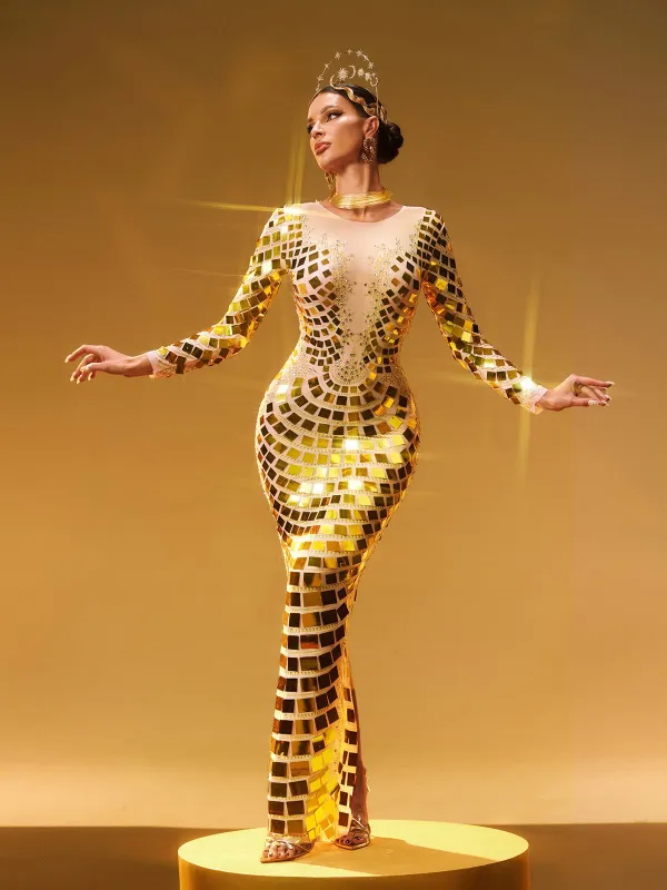 Angie Long Sleeve Curve Embellished Maxi Dress In Gold sold by Mew Mews