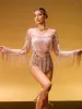 Axiom Long Sleeve Fringe Bodysuit In Nude sold by Mew Mews